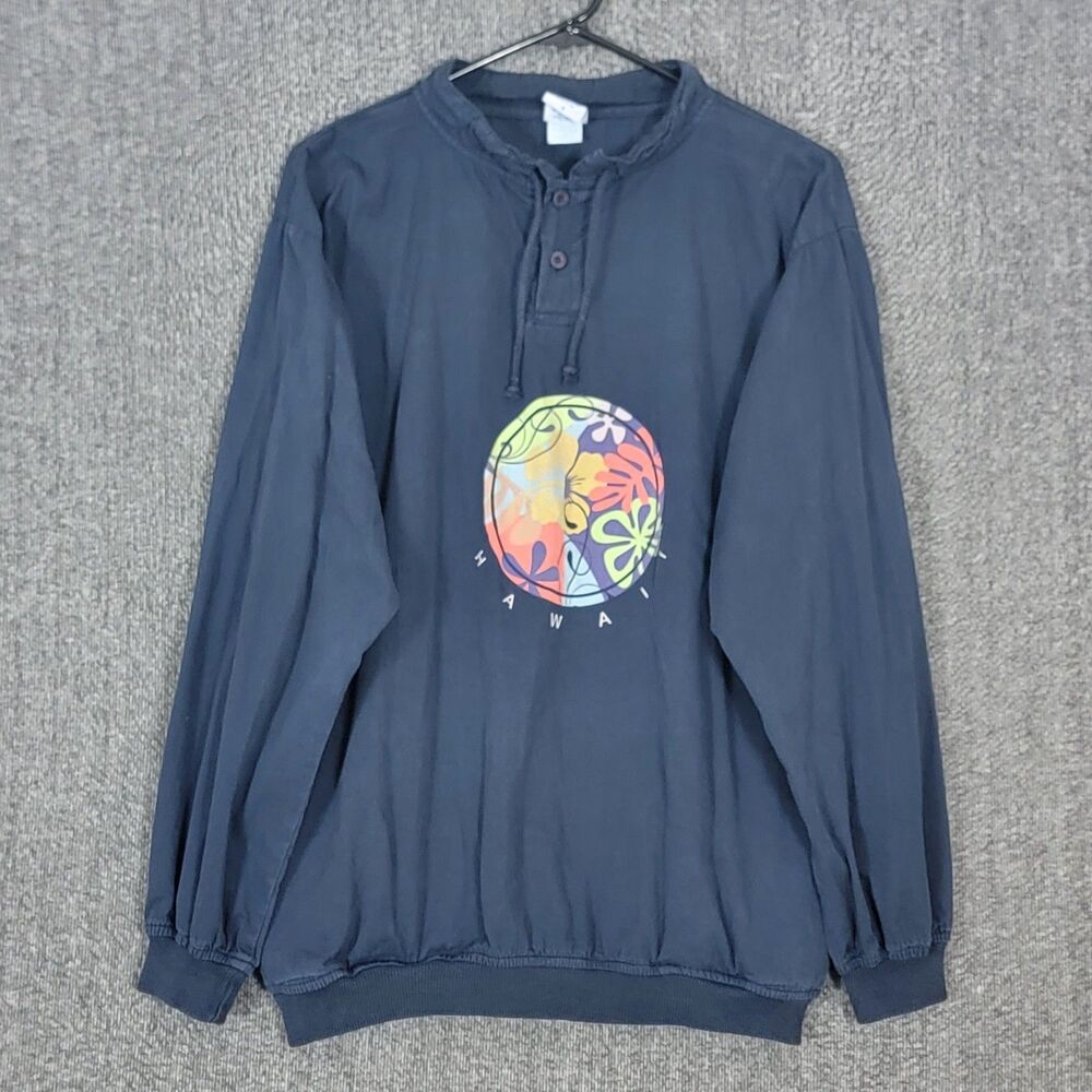 Crazy Shirts Henley Sweatshirt Mens S Blue Hawaii Cotton Floral Graphic Shirt
